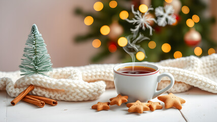 Christmas background. Hot tea and cookies. 