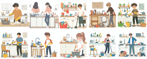 vector, a teenager, is cleaning a dirty kitchen with a simple and minimalist flat design style. white background
