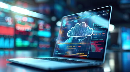 A laptop featuring a glowing digital cloud icon and data analytics interface, set in a futuristic tech environment for cloud computing.