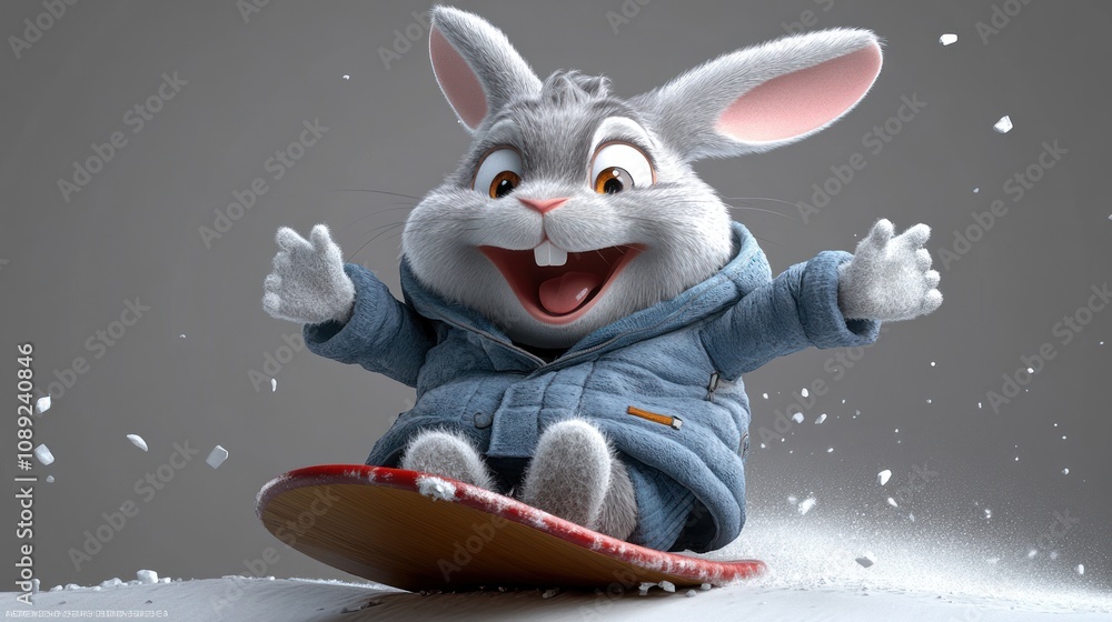 Poster a cheerful cartoon rabbit in a blue jacket joyfully sledding on snow.