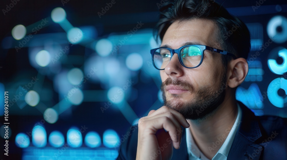 Aufkleber close-up of a thoughtful man wearing glasses, gazing at a futuristic digital interface with glowing 
