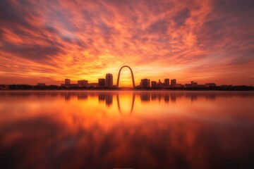 stunning sunset reflection over a city skyline with an arch structure
