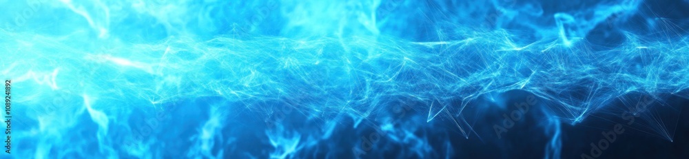 Poster abstract blue energy wave with glowing particles and fluid motion.