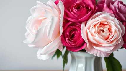 Fototapeta premium Close-up of lush peony petals and velvety rose blooms in a classic white ceramic vase, decorative accents, garden flowers