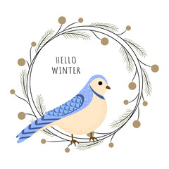 Hello winter. Bird in a Christmas wreath with branches and berries. Blue Jay. Winter vibe. Vector illustration