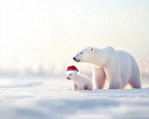 Fototapeta premium Polar bears in a snowy landscape with tiny Santa hats