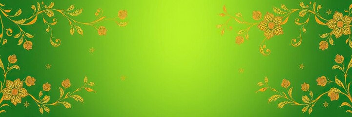 Obraz premium Elegant Green Background with Woven Gold and Yellow Floral Patterns, bohemian style, luxurious atmosphere, yellow hues