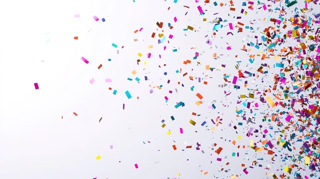 Bright multicolored confetti scattered on white background.