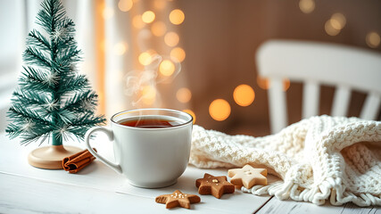 Christmas background. Hot tea and cookies. 