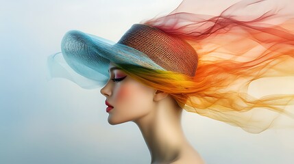 Fototapeta premium The portrait features a strikingly colorful depiction of a beautiful woman wearing an elegant hat, with vibrant hues and intricate details enhancing her graceful features.