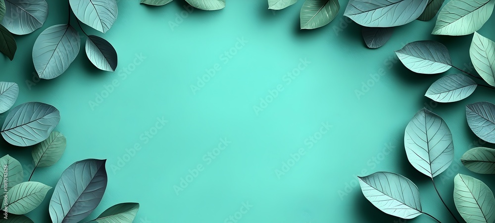 Poster a serene composition featuring an array of green leaves arranged around a turquoise background, crea