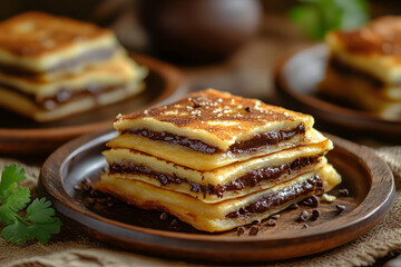 Delicious Chocolate Layered Pancakes On Wooden Plate For Breakfast Delight