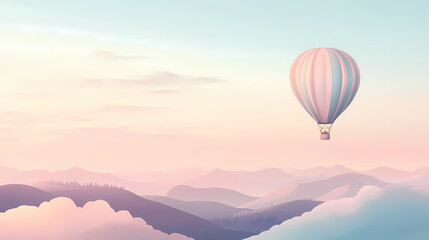 Fototapeta premium Pastel hot air balloon floating over a dreamy landscape, with soft-colored hills and a gentle pastel sky. Dreamy Balloon Ride. Illustration