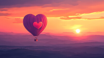 Fototapeta premium Romantic hot air balloon ride at sunset over rolling hills with heart-shaped design. Dreamy Balloon Ride. Illustration