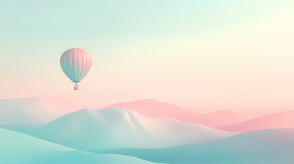 Obraz premium Pastel hot air balloon floating over a dreamy landscape, with soft-colored hills and a gentle pastel sky. Dreamy Balloon Ride. Illustration