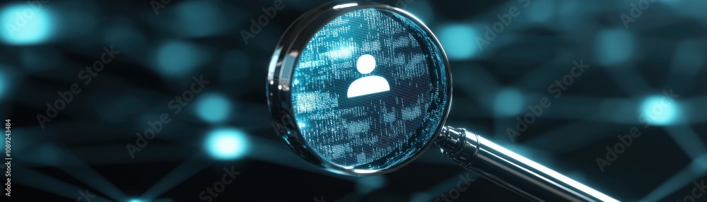Poster a close-up of a magnifying glass revealing a digital network, symbolizing technology and data analys