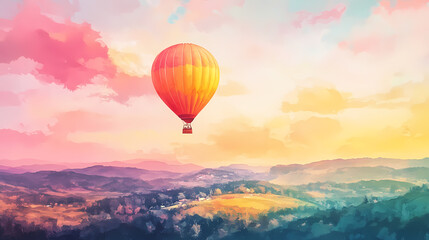 Obraz premium Hot air balloon ride over a lush valley, watercolor, vibrant sky at sunrise, peaceful. Dreamy Balloon Ride. Illustration