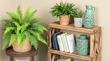 Rustic Wooden Shelf with Plants Books Vases Home Decor