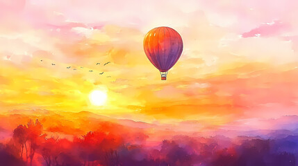 Obraz premium Hot air balloon ride over a lush valley, watercolor, vibrant sky at sunrise, peaceful. Dreamy Balloon Ride. Illustration