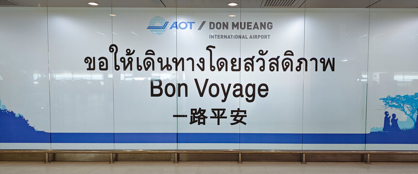 BANGKOK - THAILAND. October 1, 2024 : Welcome message at Don Mueang International Airport featuring the text "Bon Voyage". wishing travelers a safe journey