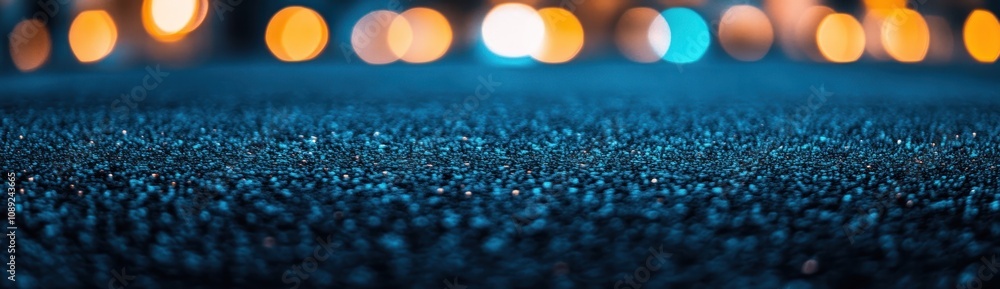 Poster a close-up view of textured ground with blurred colorful lights in the background.