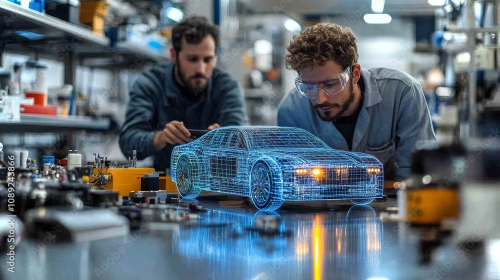 Poster engineers collaborating on vehicle design in a modern workshop focusing on innovative technology