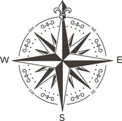 Vintage compass rose with fleur de lis symbol pointing north, indicating direction and navigation, featuring detailed design and cardinal points © Tartila