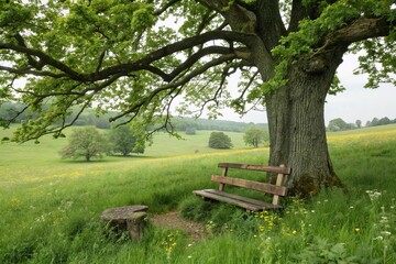Naklejka premium A wooden bench placed under a tall oak tree in a lush green meadow, rustic decor, leafy trees, brown oak, natural seating, outdoors