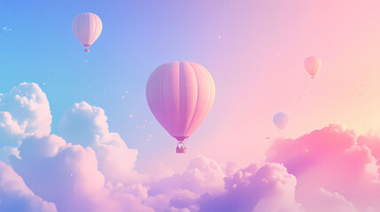 Naklejka premium Dreamy gradient light envelops whimsical hot air balloon ride in soft pastel hues with billowy clouds and endless blue skies. Dreamy Balloon Ride. Illustration