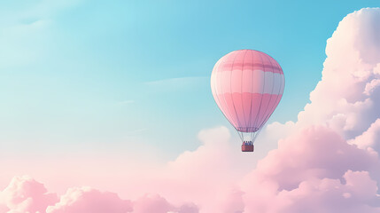 Fototapeta premium Dreamy gradient light envelops whimsical hot air balloon ride in soft pastel hues with billowy clouds and endless blue skies. Dreamy Balloon Ride. Illustration
