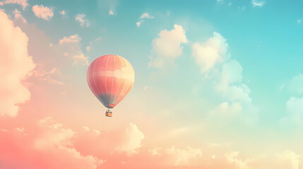 Obraz premium Dreamy gradient light envelops whimsical hot air balloon ride in soft pastel hues with billowy clouds and endless blue skies. Dreamy Balloon Ride. Illustration