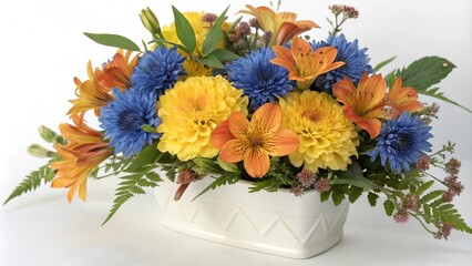 Fototapeta premium Beautifully Arranged Floral Display with Blue Cornflowers, Yellow Dahlias, and Orange Alstroemeria in a White Ceramic Container, white, alstroemeria, ceramic, display