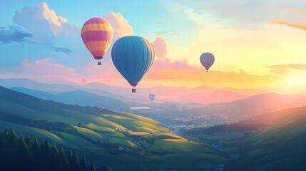 Fototapeta premium Colorful hot air balloons floating over a lush green valley at sunrise, creating a magical and vibrant travel experience. Dreamy Balloon Ride. Illustration