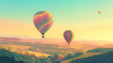Obraz premium Colorful hot air balloons floating over a lush green valley at sunrise, creating a magical and vibrant travel experience. Dreamy Balloon Ride. Illustration