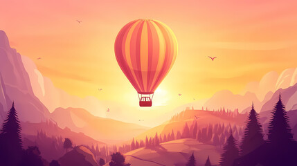 Fototapeta premium Colorful hot air balloon soaring above scenic landscape at sunrise. Dreamy Balloon Ride. Illustration