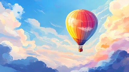 Naklejka premium Colorful hot air balloon floating in the sky with clouds, hot air balloon, colorful, floating, sky, clouds, adventure. Dreamy Balloon Ride. Illustration