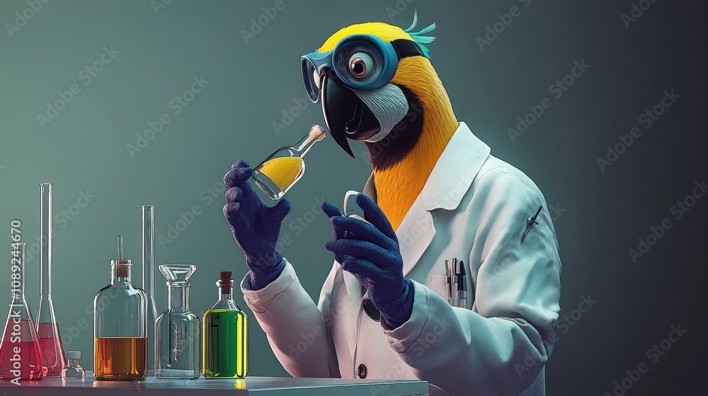 Poster a parrot in a lab coat examines a flask in a colorful scientific setting.
