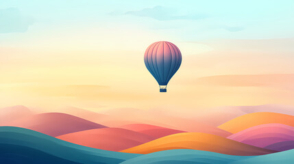 Fototapeta premium A serene hot air balloon floats above soft, colorful hills, creating a tranquil and dreamy landscape perfect for relaxation. Dreamy Balloon Ride. Illustration