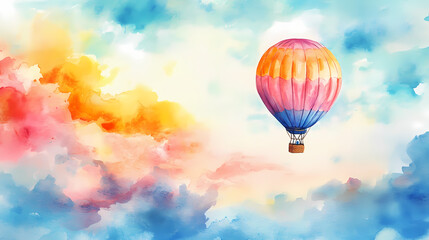 Fototapeta premium A watercolor illustration of a colorful hot air balloon flying in the sky. Dreamy Balloon Ride. Illustration