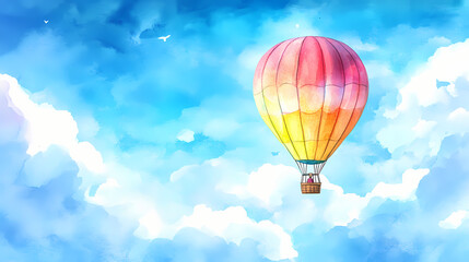 Naklejka premium A watercolor illustration of a colorful hot air balloon flying in the sky. Dreamy Balloon Ride. Illustration
