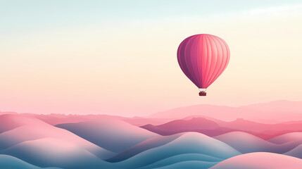 Fototapeta premium A serene hot air balloon floats above soft, colorful hills, creating a tranquil and dreamy landscape perfect for relaxation. Dreamy Balloon Ride. Illustration