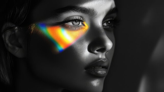 Woman's face with rainbow light reflection.
