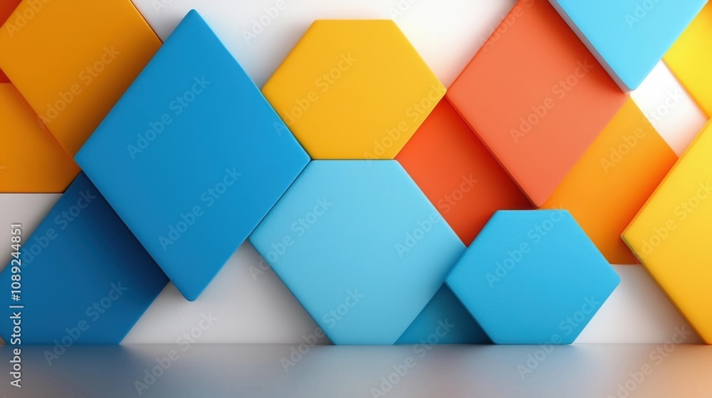 Poster vibrant and minimalist composition with various geometric shapes such as hexagons triangles and cube