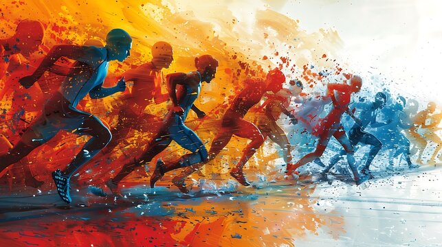 An artistic sports composition with stylized figures in motion, emphasizing the grace and fluidity of athletic movements, on a pastel background. 