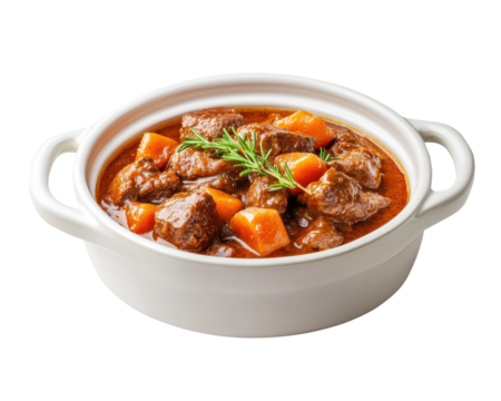 Beef stew with carrots and herbs in a white ceramic dish isolated on white