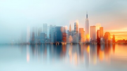 Fototapeta premium Majestic cityscape of a modern metropolitan skyline with tall skyscrapers and office buildings reflected in the tranquil waters at dusk The scene is bathed in a warm glowing light as the sun sets