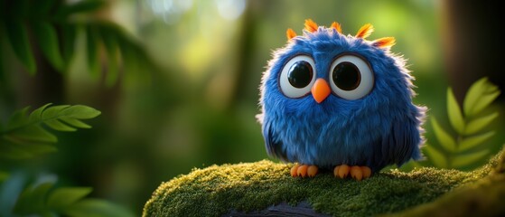 cute cartoon bird sitting on a mossy log in a forest setting