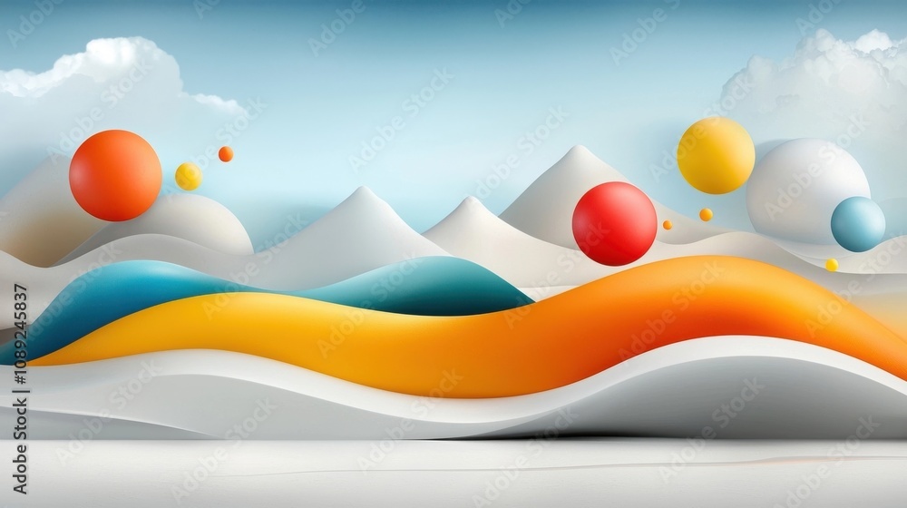 Poster vibrant and dreamlike digital featuring a serene surreal landscape with floating abstract shapes clo