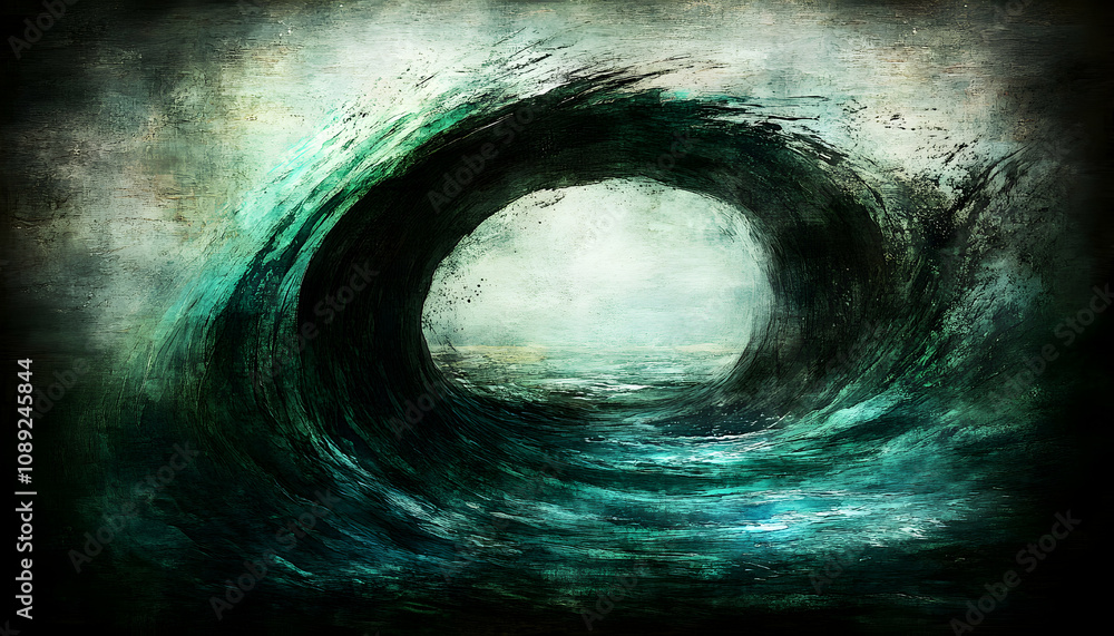 Poster dramatic abstract painting of a powerful ocean wave, creating a tunnel effect with teal and dark gre