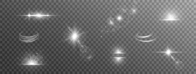 Light effects. Isolated white transparent light effects, glare, explosion, sparkle, dust, line, solar flare, spark and stars, spotlight, curve rotation. Sunlight, abstract special effect	